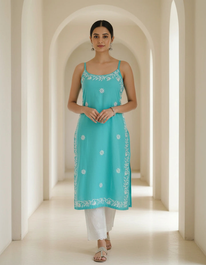 Sky Blue Rayon Chikankari Short kurta