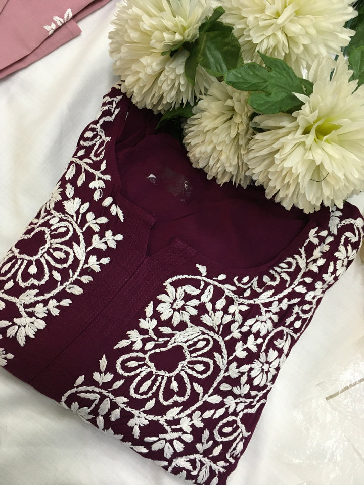 Wine Rayon A-line Chikankari Kurta