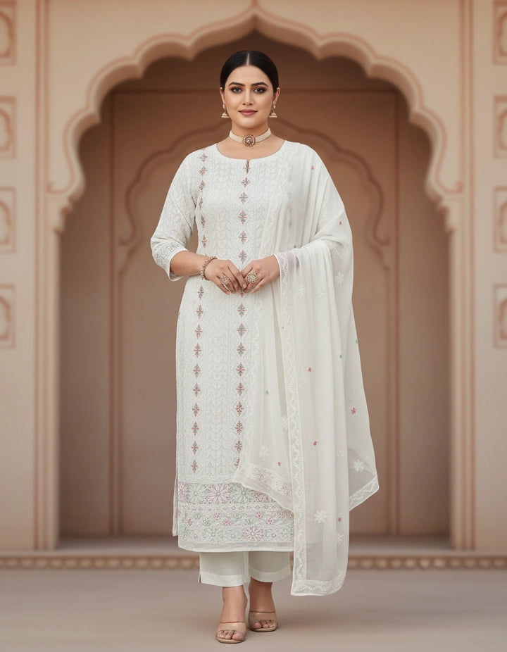 White Pure Georgette Chikankari kurta Dupatta Fabric