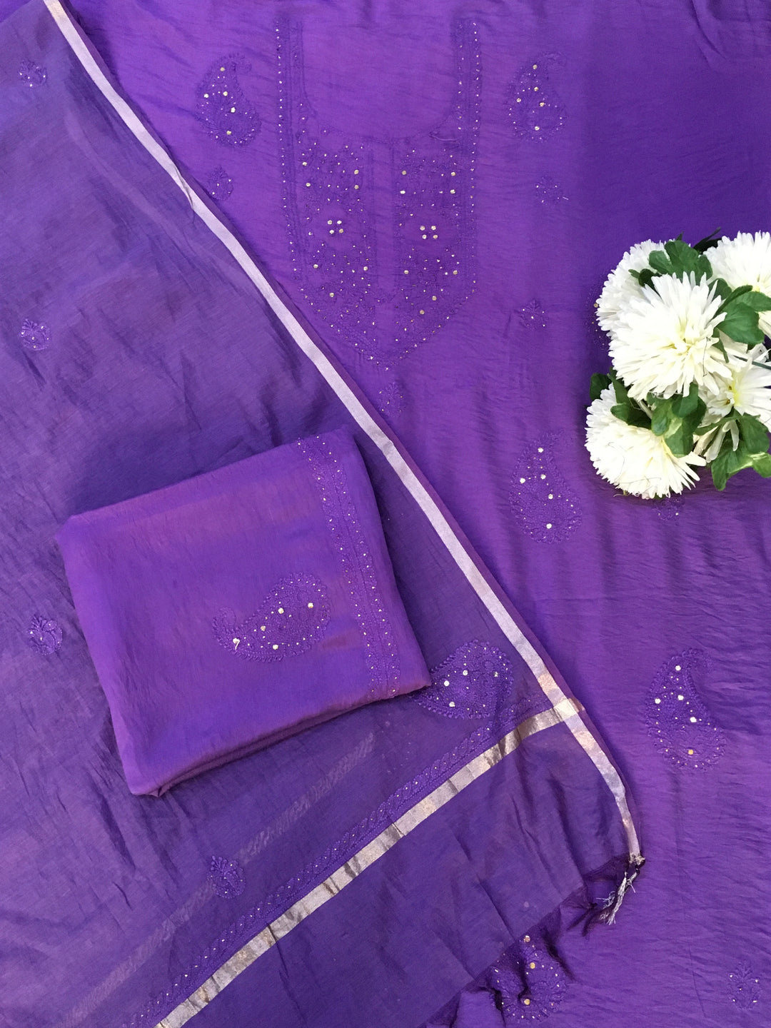 Purple Georgette Chikankari Kurta Dupatta pant Fabric