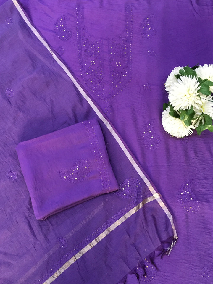 Purple Georgette Chikankari Kurta Dupatta pant Fabric
