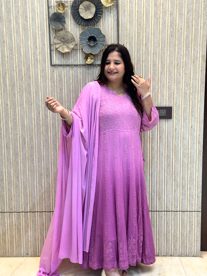 Mouve Ombre Chikankari Georgette Anarkali Set-Custom Made