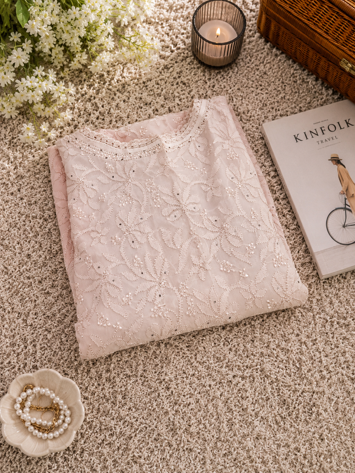 Peach georgette Chikankari kaftaan