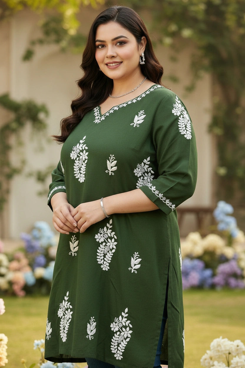 Mehndi Green Rayon Chikankari Short kurta