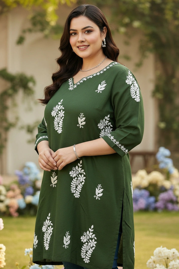 Mehndi Green Rayon Chikankari Short kurta