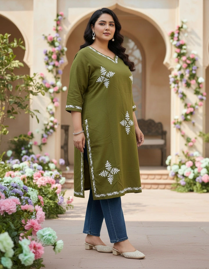Olive green Modal Chikankari Short kurta