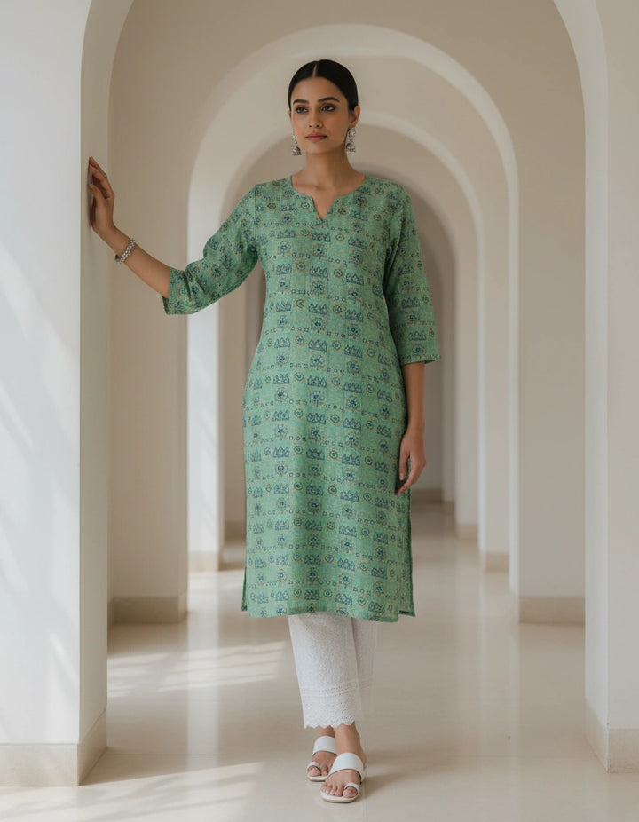 Green Printed Cotton Short kurta