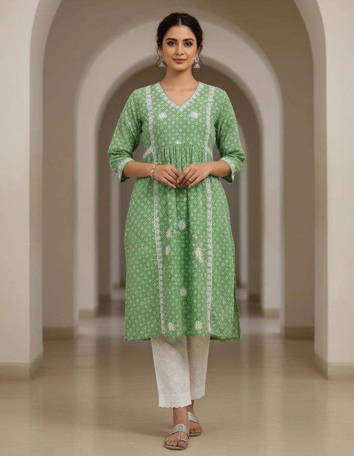 Green Printed Cotton Chikankari A-line kurta