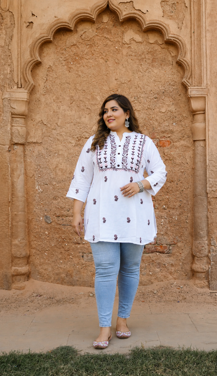 White Rayon Chikankari Short kurta -Custom Made
