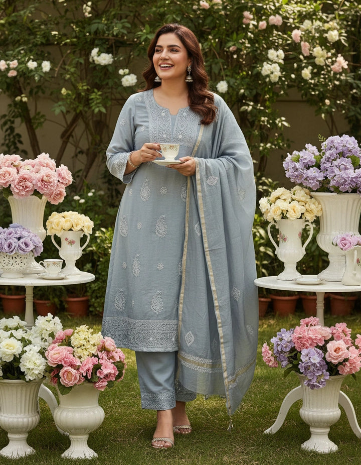 Grey Chanderi Chikankari Suit Set-custom Made