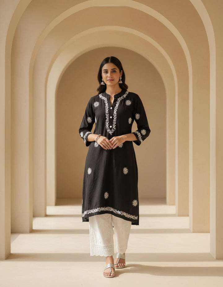 Black Rayon Chikankari Short A-line Kurta
