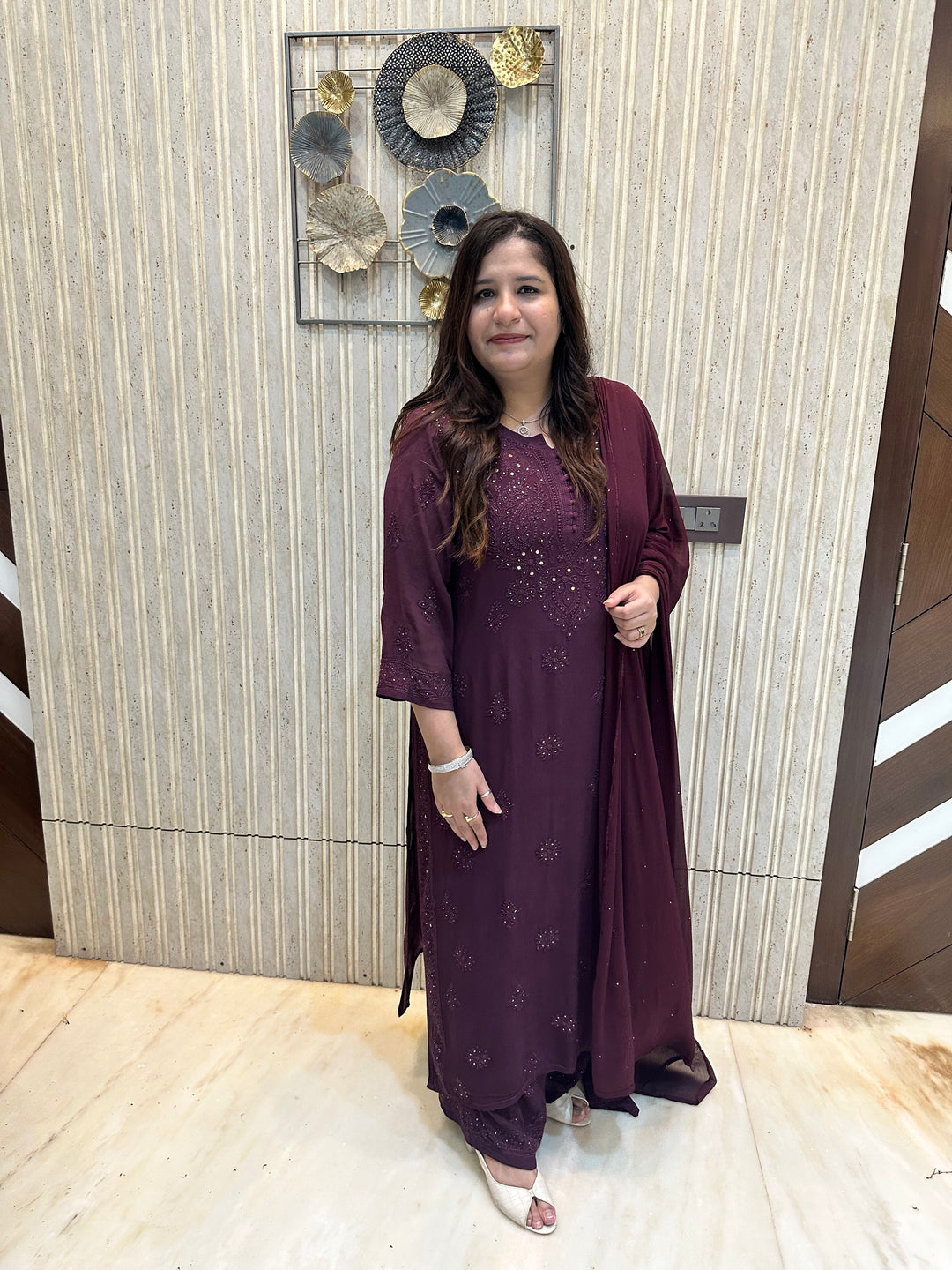 Wine Chikankari Georgette Suit Set-Custom Made