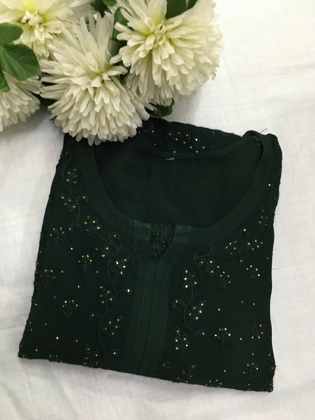 Dark green Georgette Chikankari Kurta