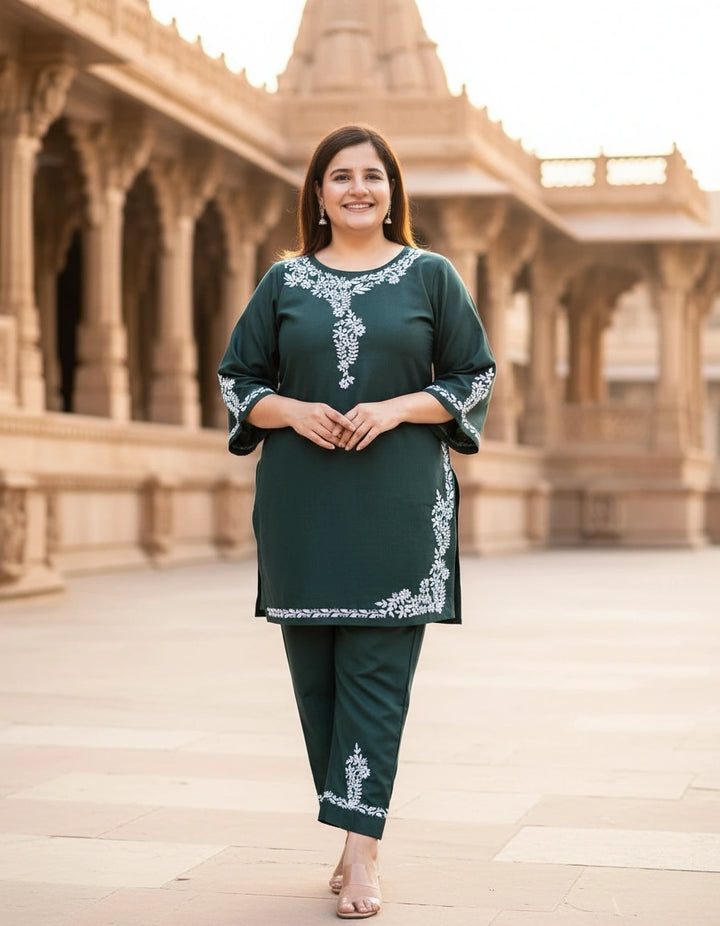 Dark Green Chikankari Co-Ord Set -Custom Made