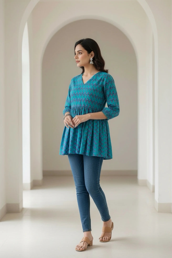 Blue Printed Cotton Short kurta