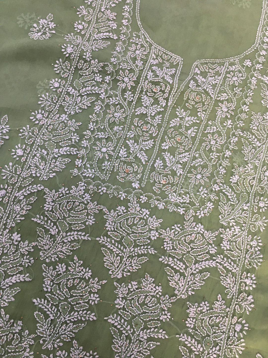 Olive green Chikankari Orzanga Kurta duppata Fabric