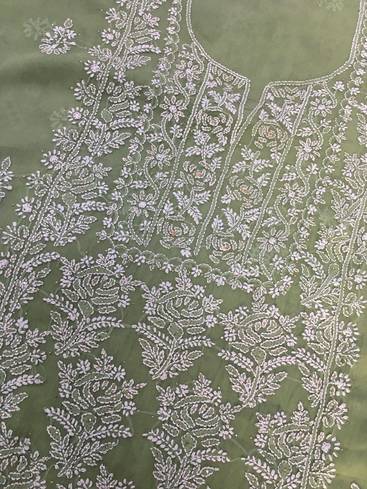 Olive green Chikankari Orzanga Kurta duppata Fabric
