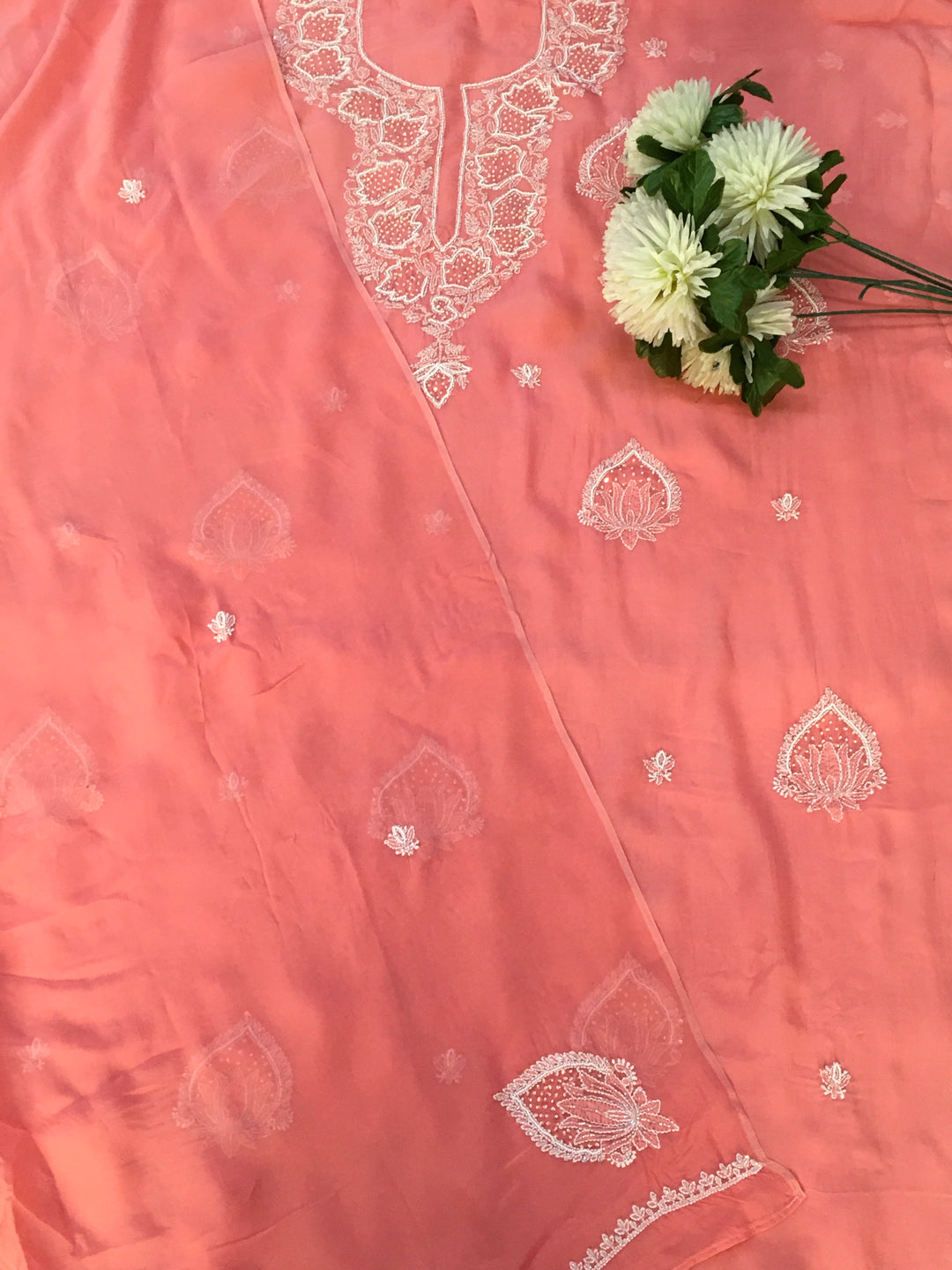 Peach Chikankari Kurta Dupatta Fabric