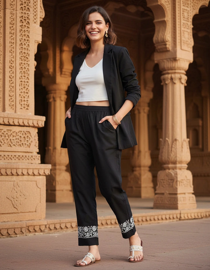 Black Stretchable Cotton Chikankari Pant-Custom Made