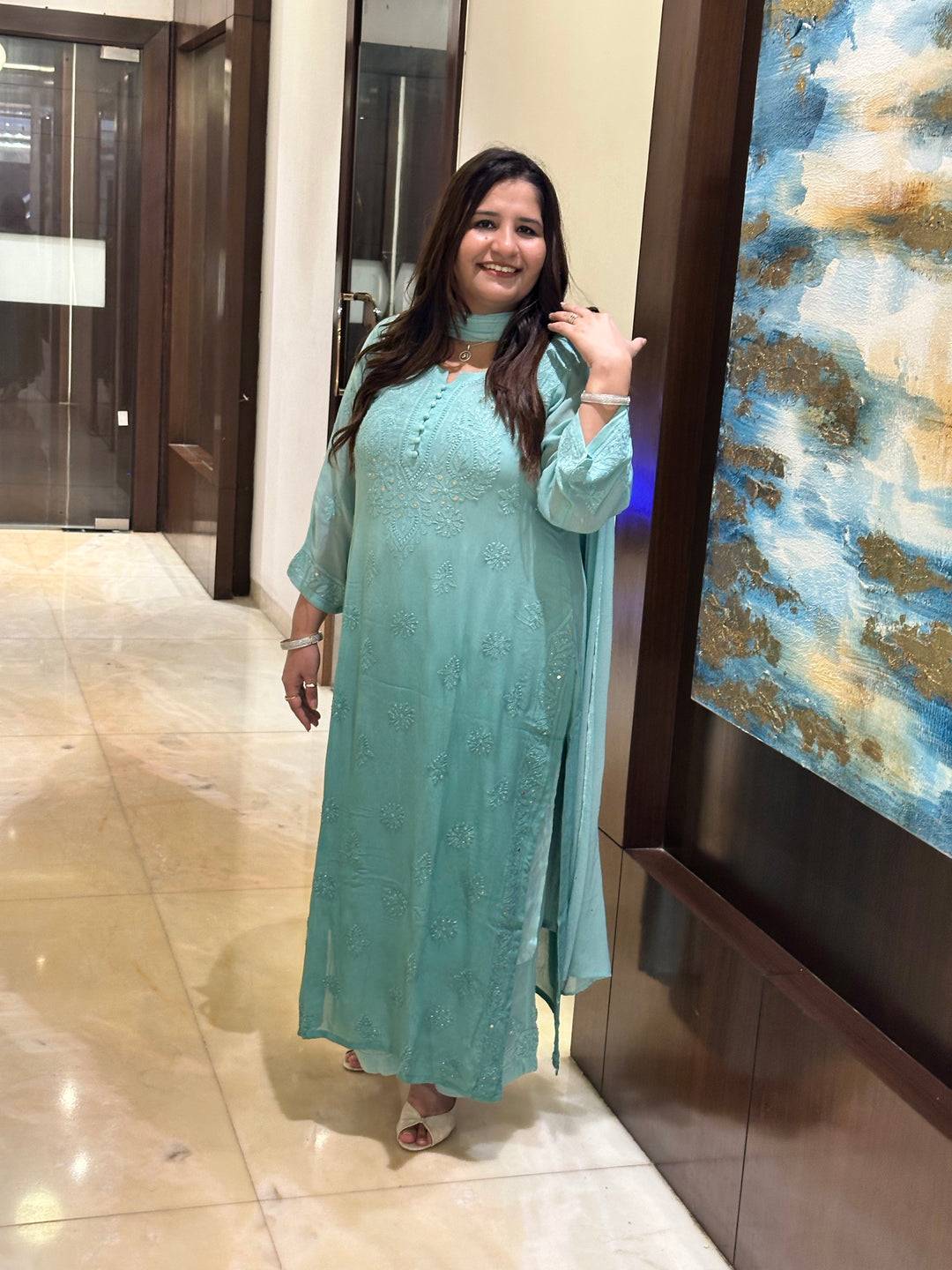 Sea Blue Chikankari Georgette Suit Set-Custom Made