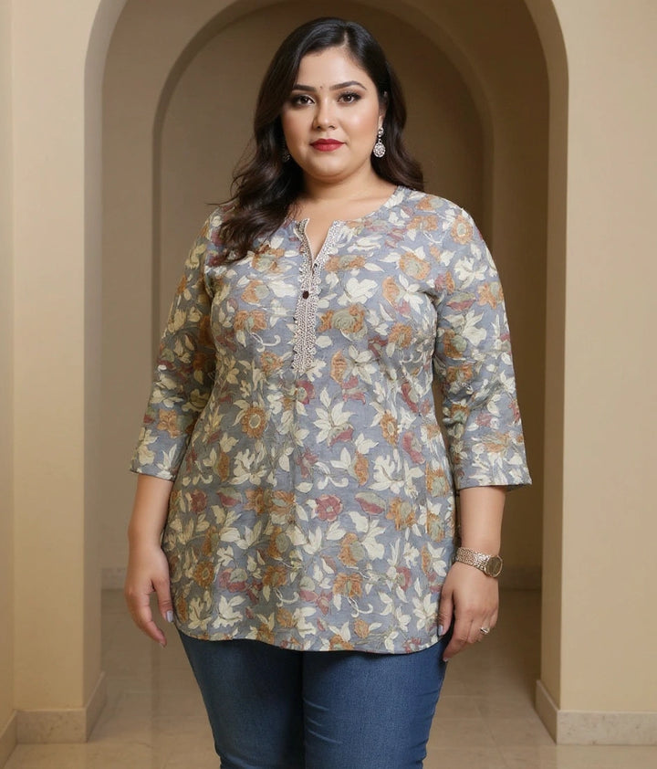 Grey Printed Cotton Short kurta