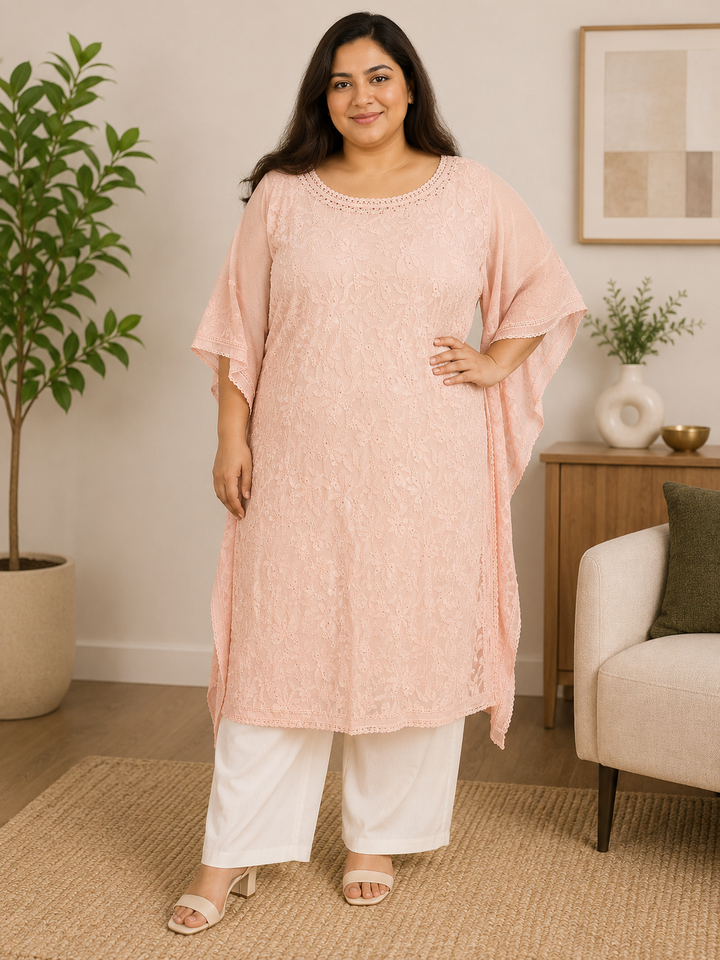 Peach georgette Chikankari kaftaan
