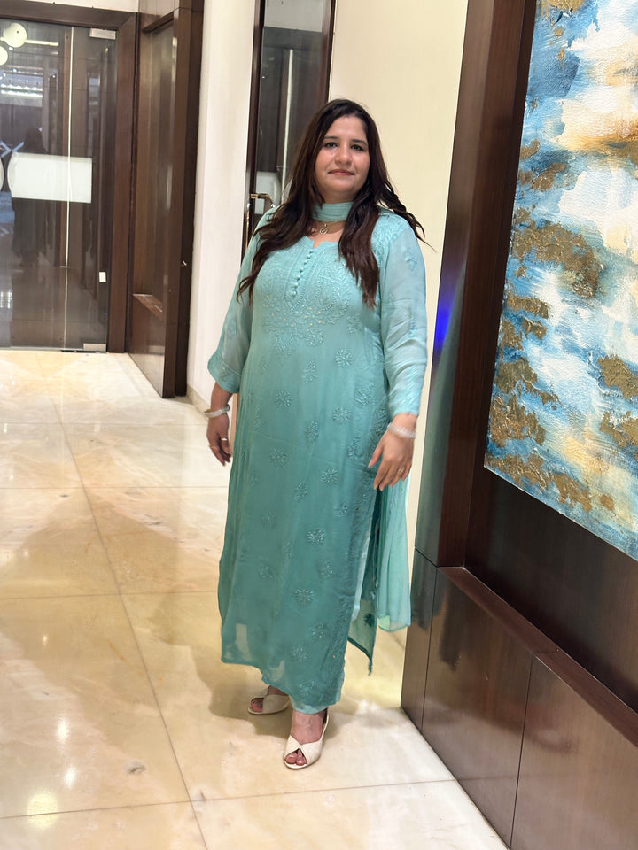 Sea Blue Chikankari Georgette Suit Set-Custom Made