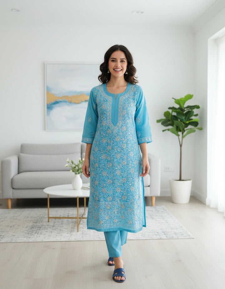 Sky blue Cotton Chikankari kurta