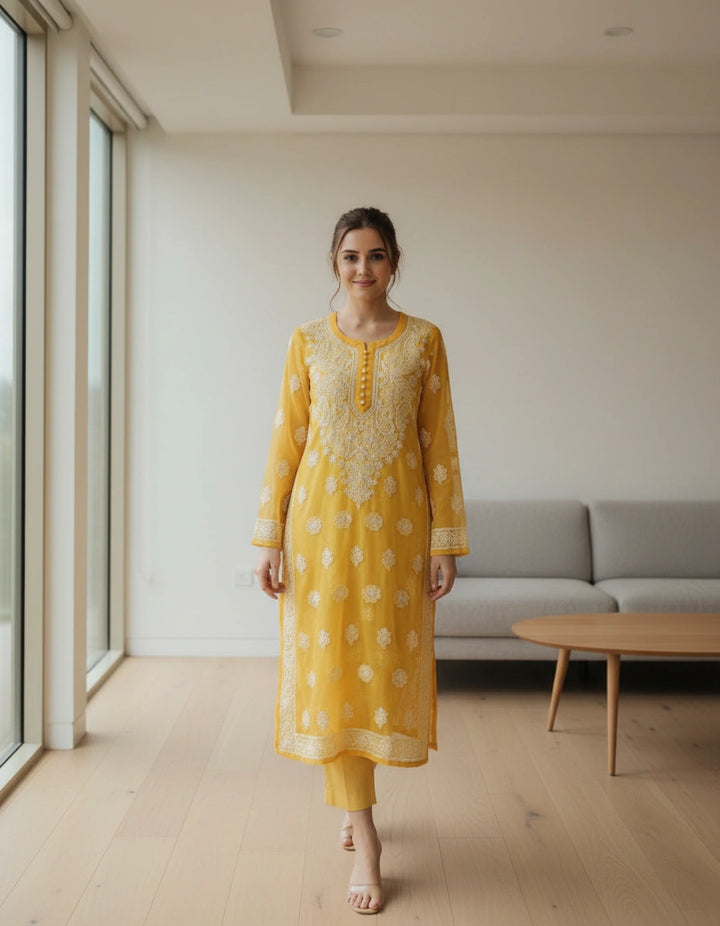 Yellow Georgette Chikankari kurta