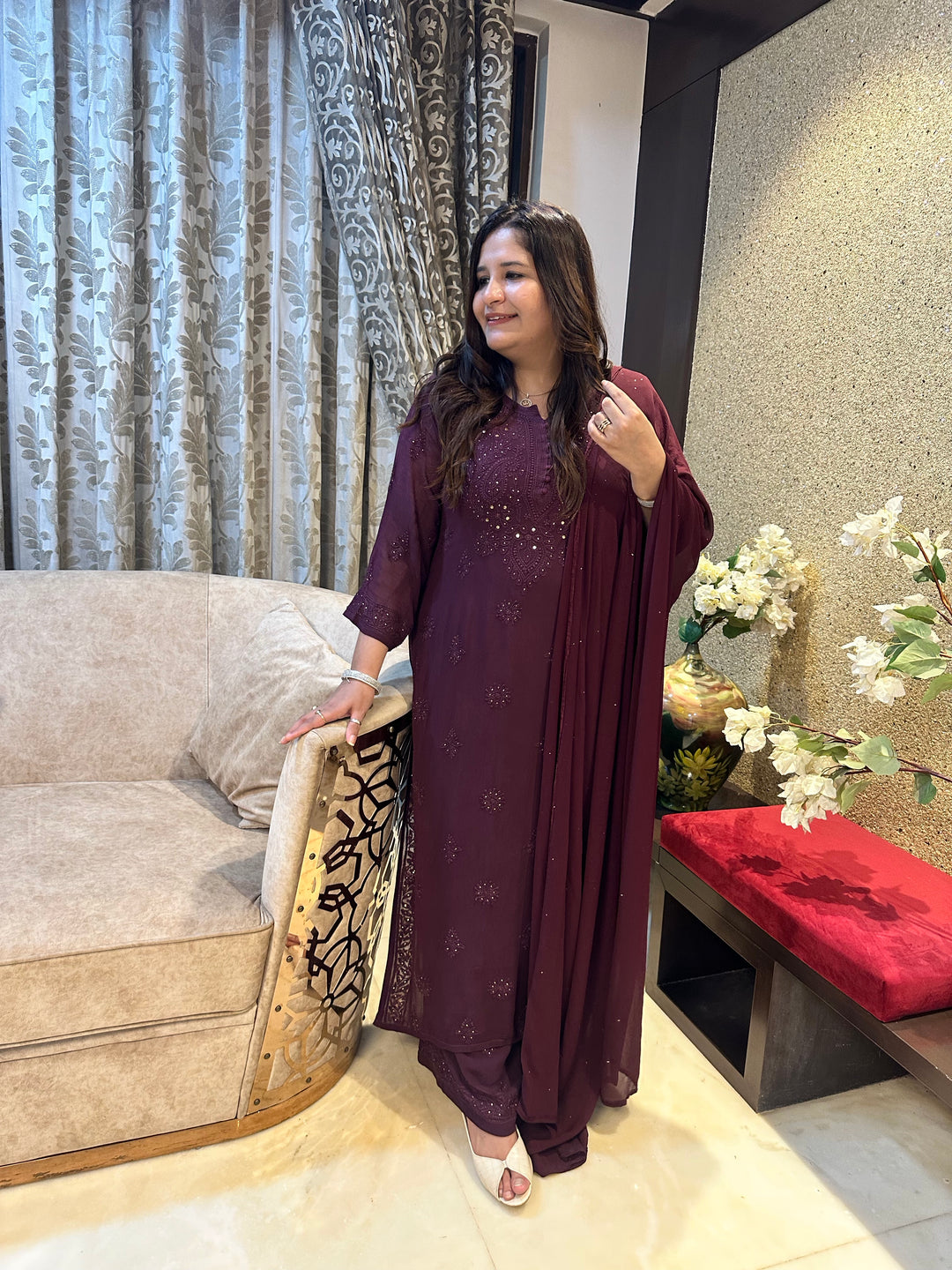 Wine Chikankari Georgette Suit Set-Custom Made