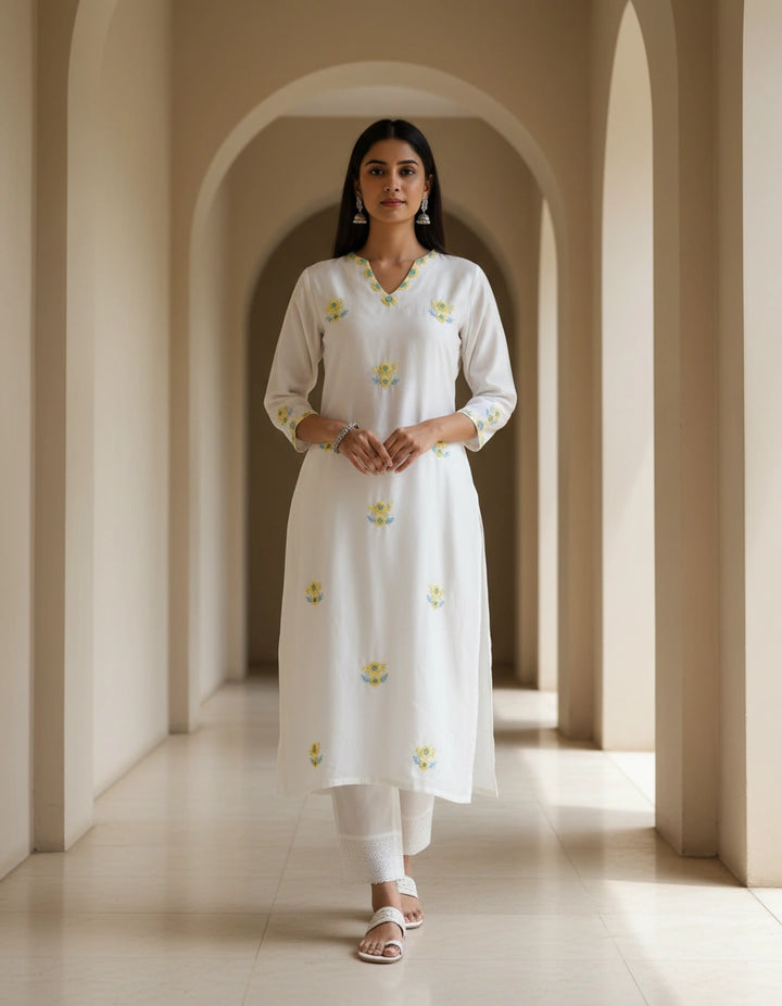 White Muslin Chikankari A-line Kurta