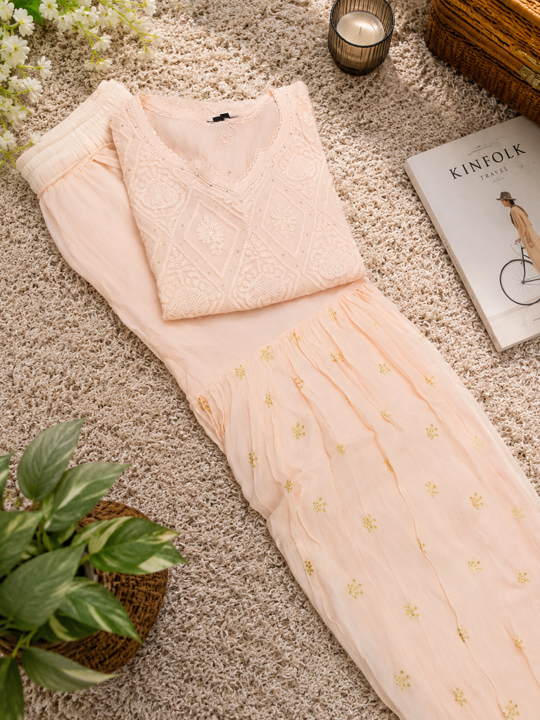 Peach Georgette Chikankari sharara set