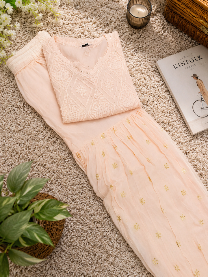 Peach Georgette Chikankari sharara set