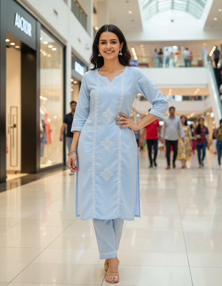 Linen Cotton Sky Blue Chikankari CO-ORD Set