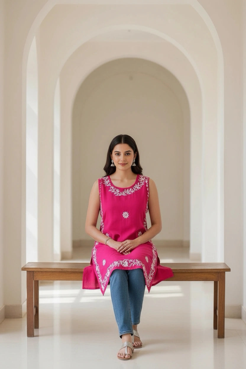 Rani Pink Rayon Chikankari Short kurta