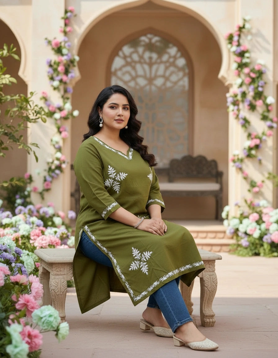 Olive green Modal Chikankari Short kurta