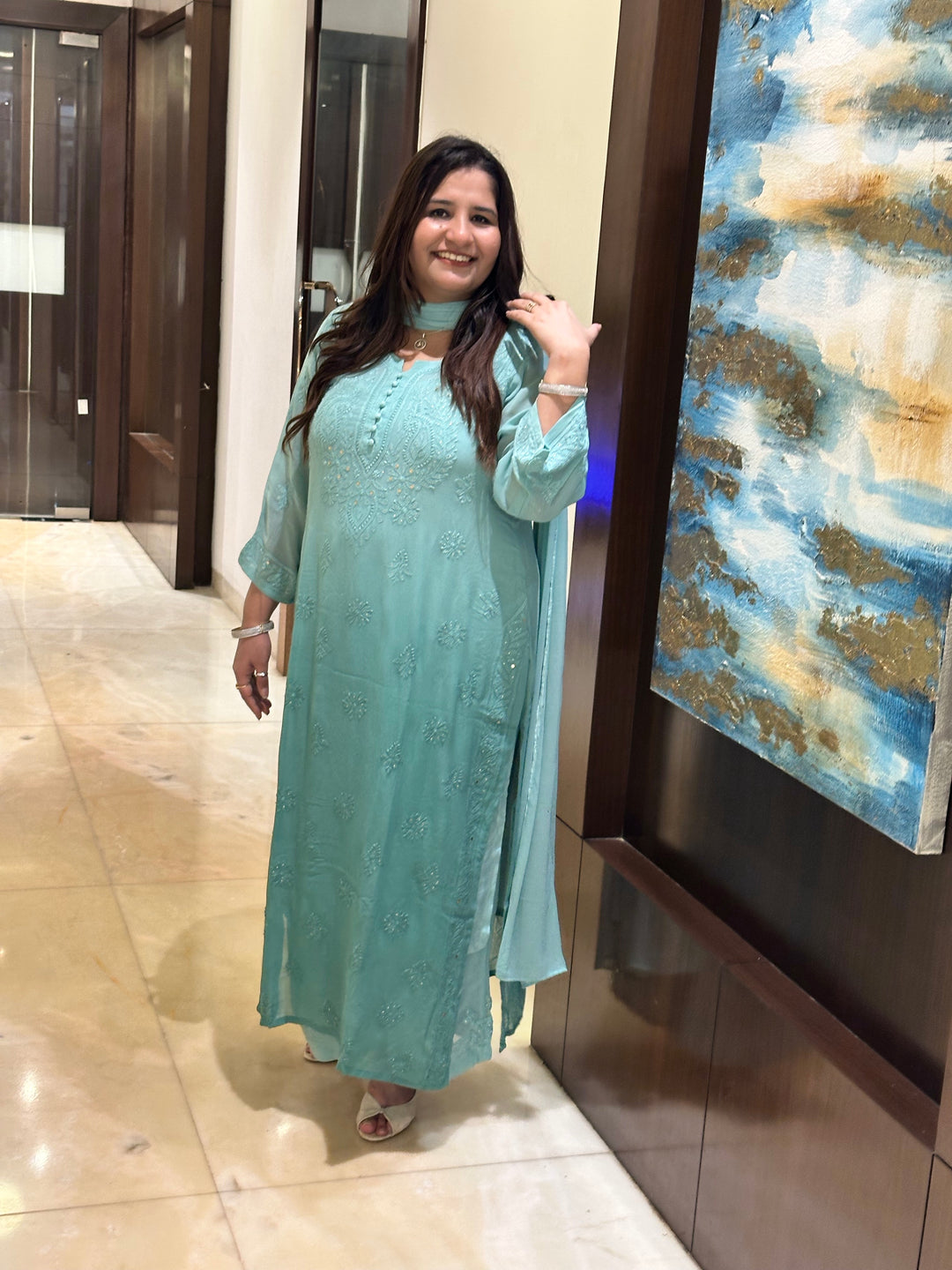 Sea Blue Chikankari Georgette Suit Set-Custom Made