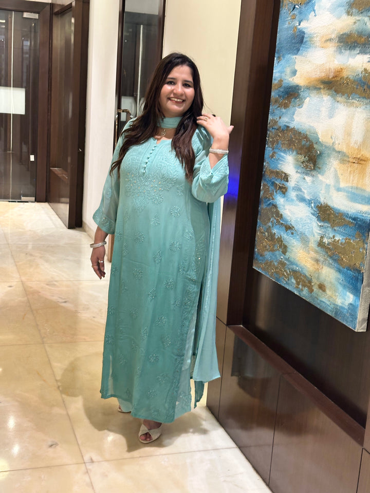 Sea Blue Chikankari Georgette Suit Set-Custom Made