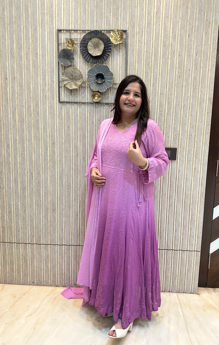 Mouve Ombre Chikankari Georgette Anarkali Set-Custom Made