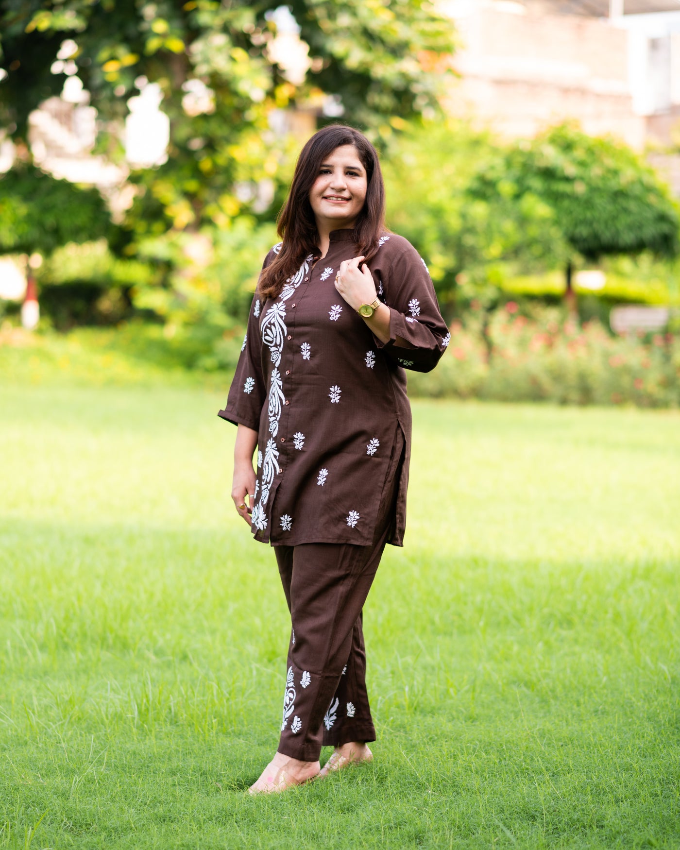 Dark Brown Chikankari Co-Ord Set -Custom Made