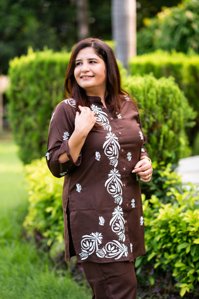 Dark Brown Chikankari Co-Ord Set -Custom Made