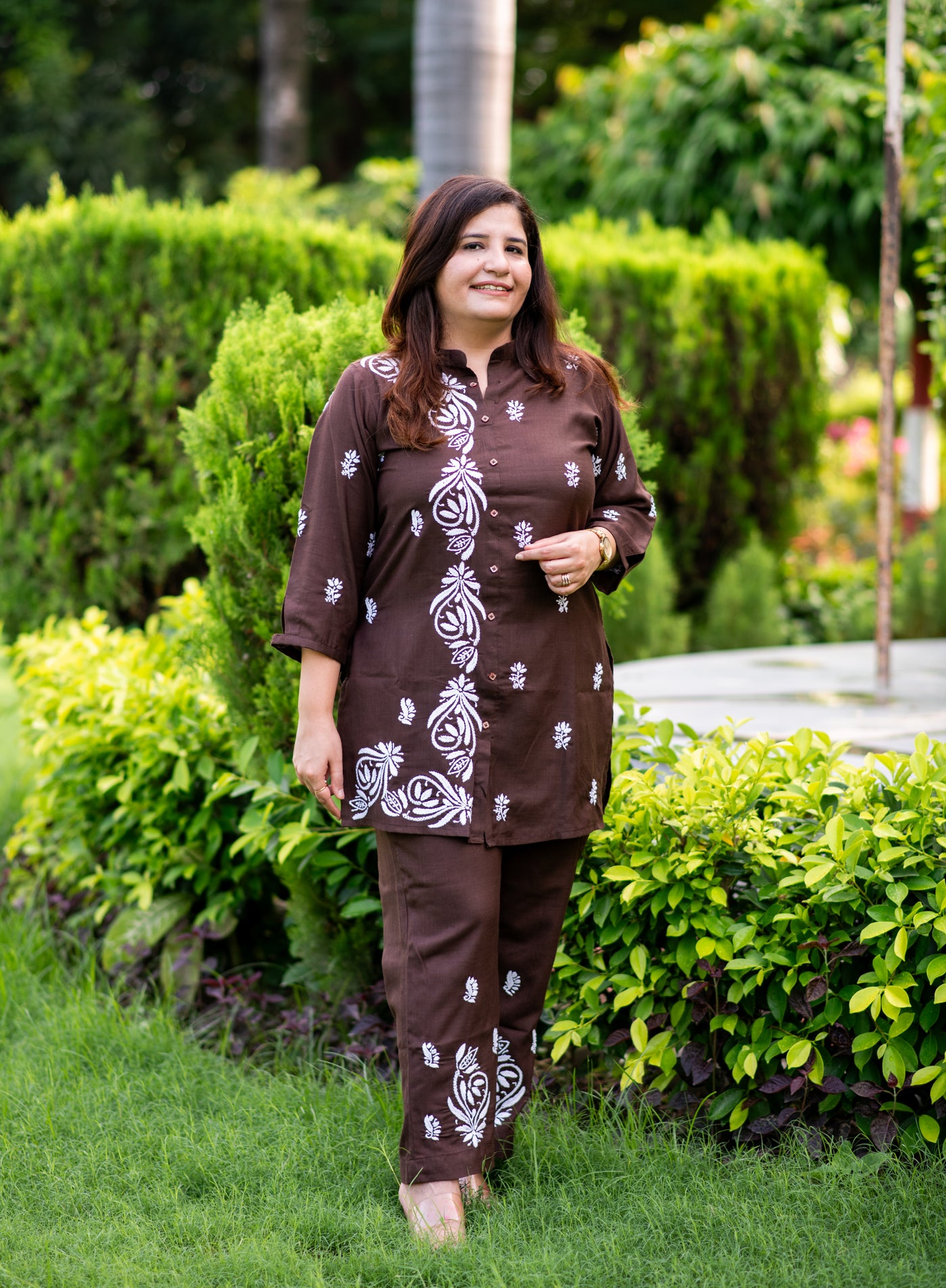 Dark Brown Chikankari Co-Ord Set -Custom Made