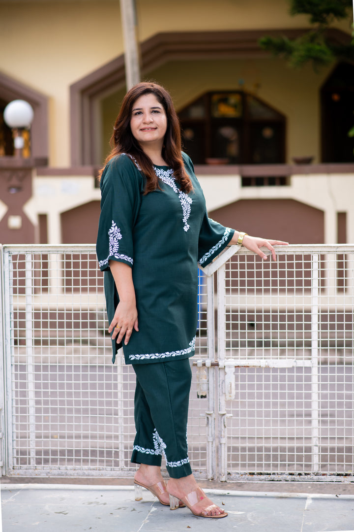 Dark Green Chikankari Co-Ord Set