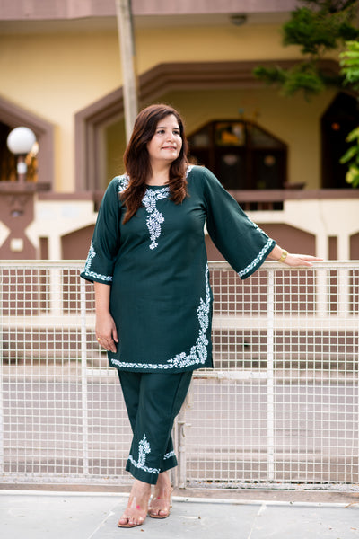 Dark Green Chikankari Co-Ord Set -Custom Made