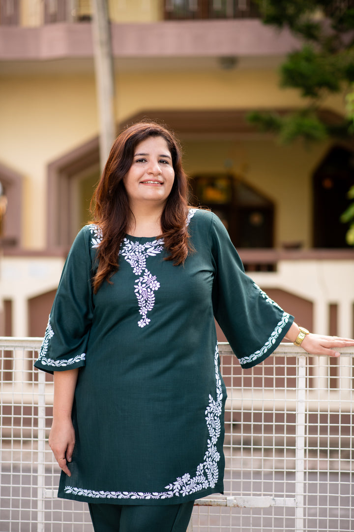 Dark Green Chikankari Co-Ord Set