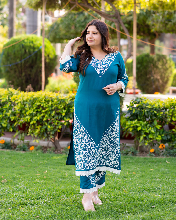 Teal Blue Rayon Chikankari Kurta Pant Set-Custom Made