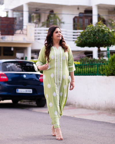 Pista Green Rayon Chikankari Kurta Pant Set