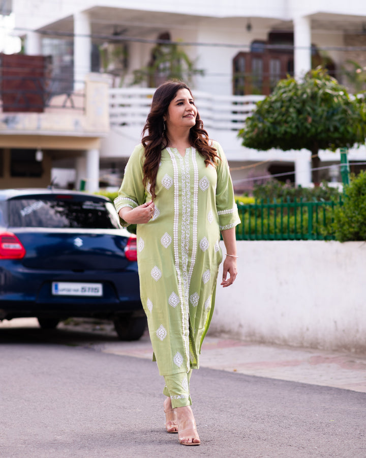 Pista Green Rayon Chikankari Kurta with Pant Set