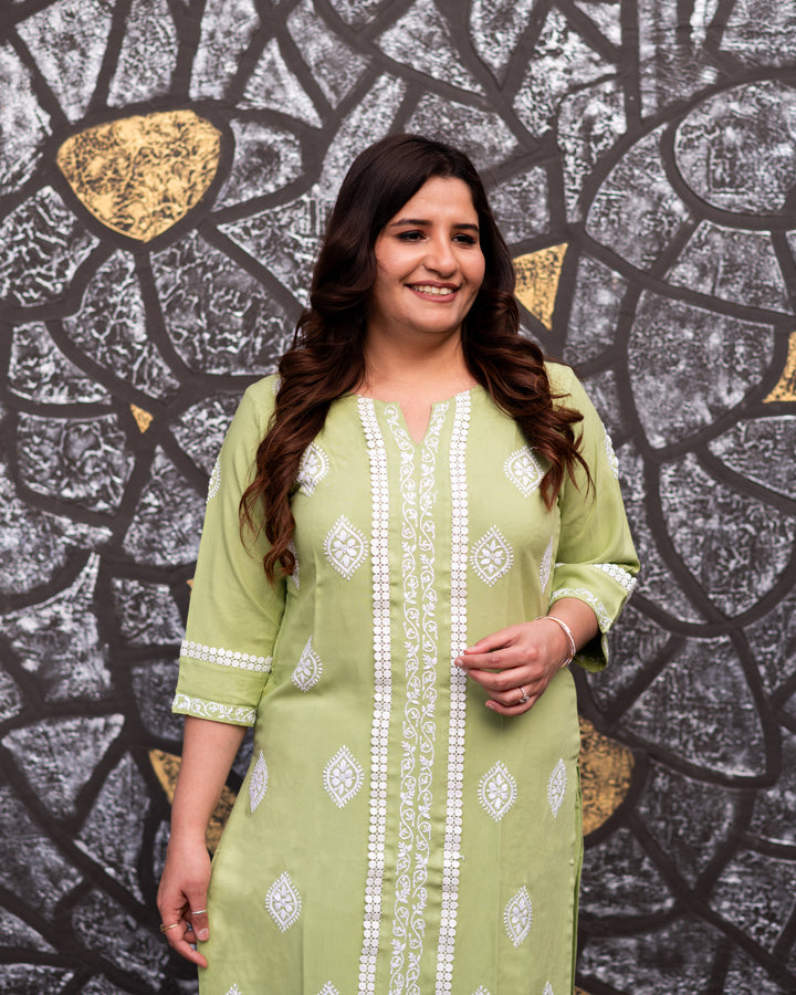Pista Green Rayon Chikankari Kurta with Pant Set