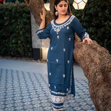 Peacock Blue Rayon Chikankari Kurta Pant Set